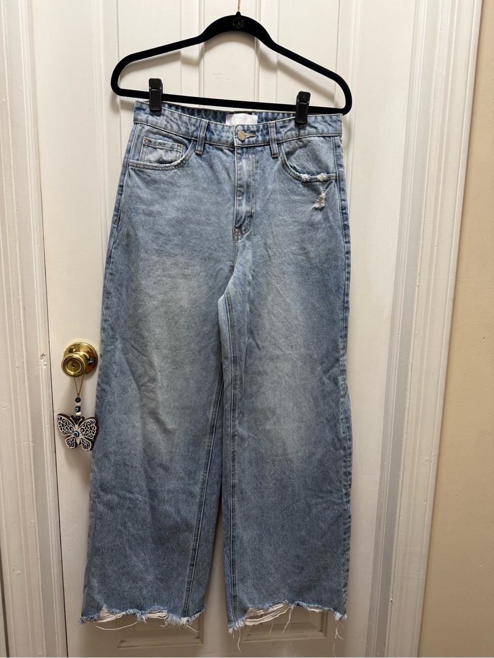 VERVET Blue 100% Cotton Rigid Wide Leg Jeans High Rise Raw Hem 28
